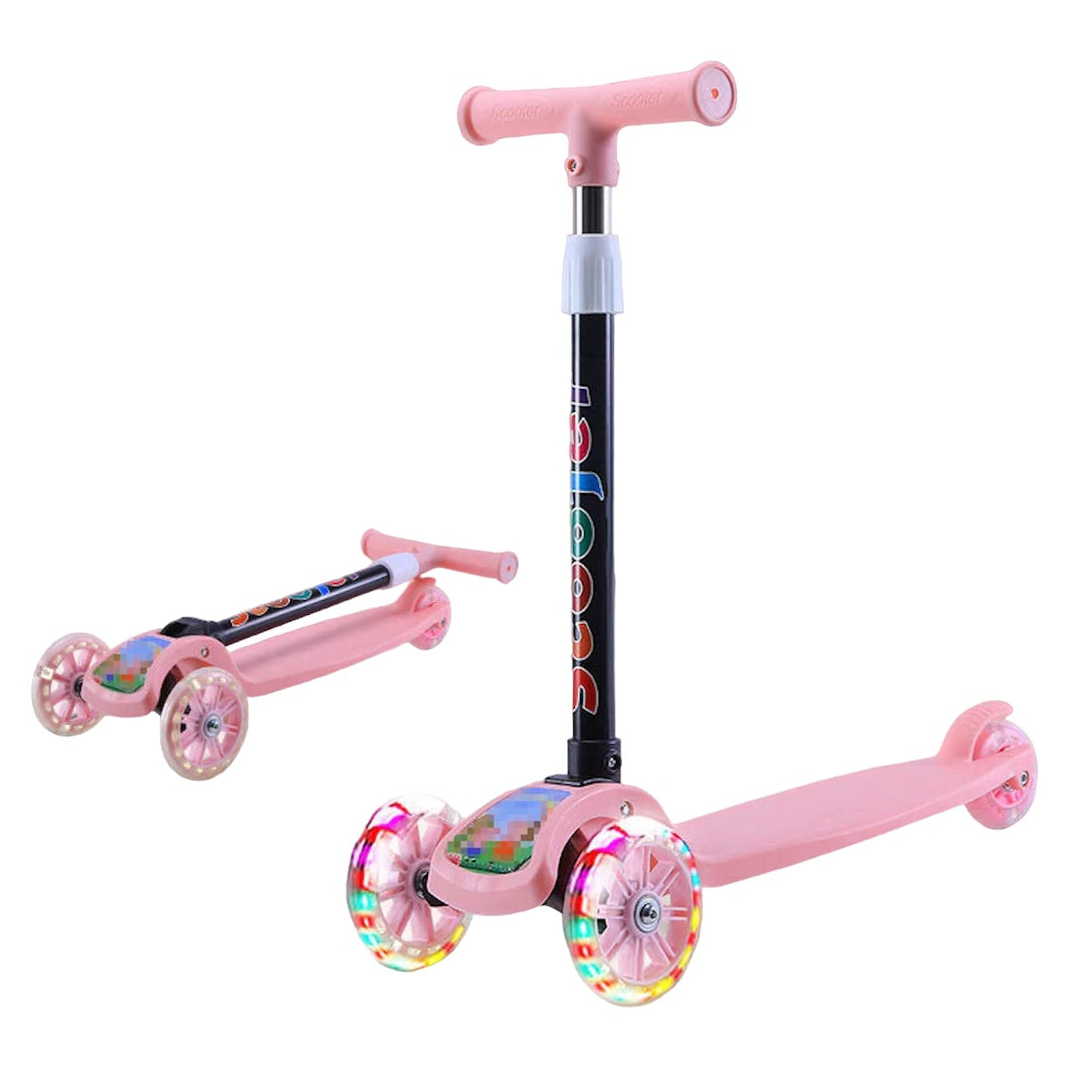 Scooter infantil BREEZEE de 3 ruedas rosa, vista armada y plegada