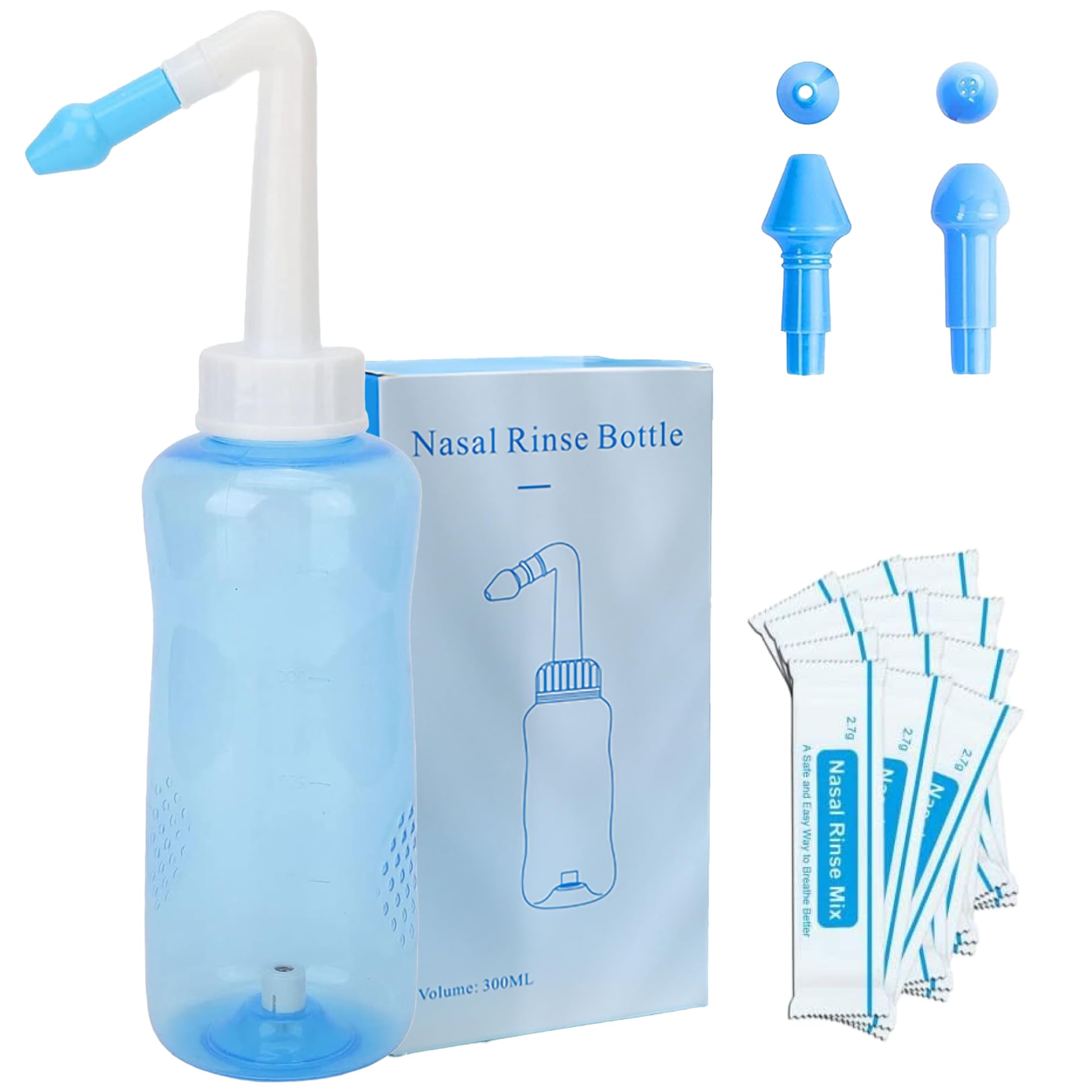 Kit limpiador nasal BREEZEE: botella de 300 ml, 2 cabezas dosificadoras y 40 sobres de sal limpiadora
