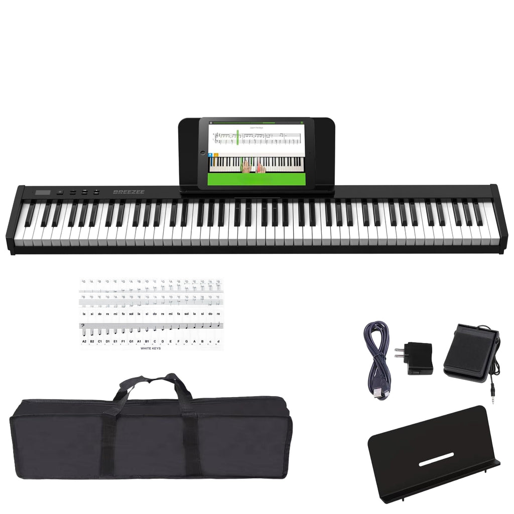 Piano digital BREEZEE de 88 teclas contrapesadas con funda, pedal, atril y stickers de notas incluidos