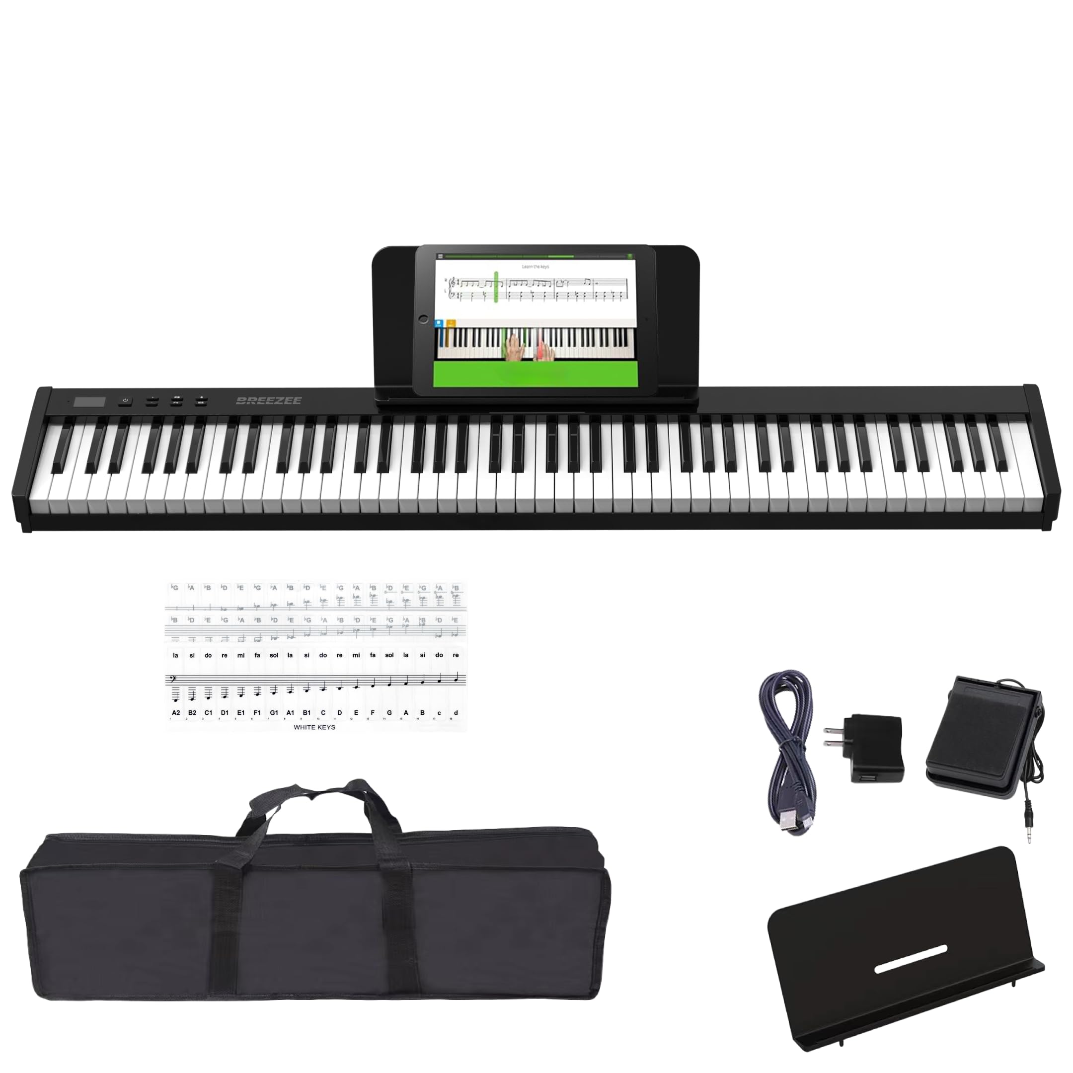 Piano digital BREEZEE de 88 teclas contrapesadas con funda, pedal, atril y stickers de notas incluidos