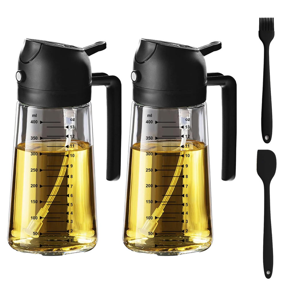 Set 2 botellas dispensadoras de aceite 470 ml con brocha y espátula - fondo blanco