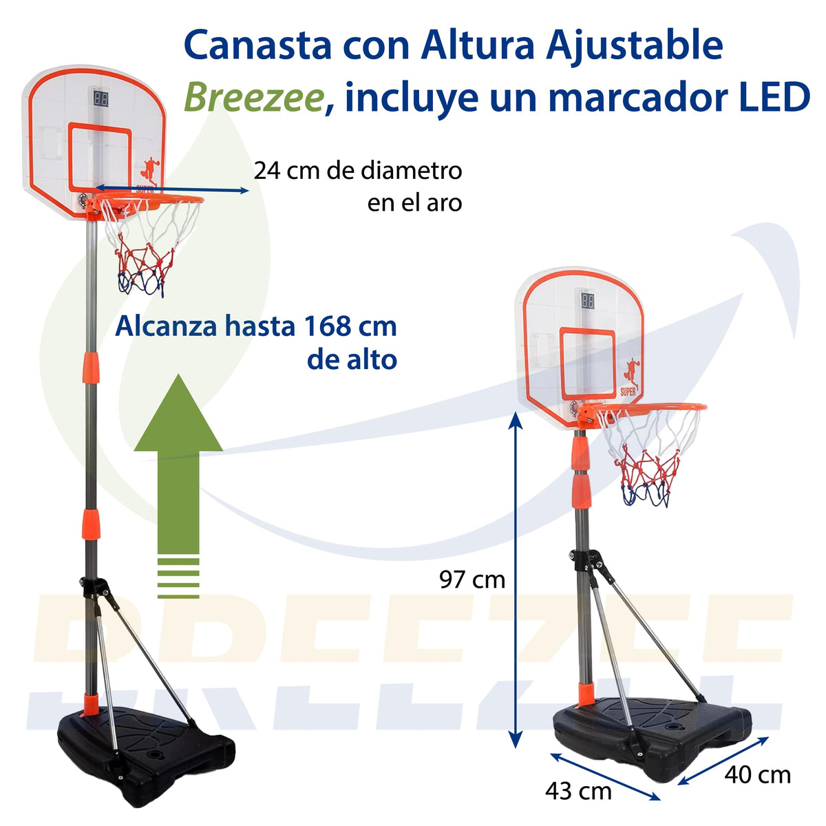 Canasta de basquetbol infantil ajustable de 97 a 168 cm, aro de 24 cm