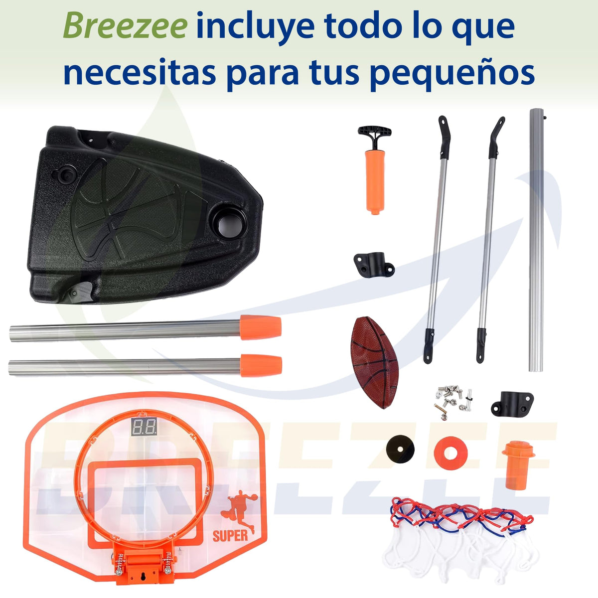 Piezas incluidas: tablero, postes, base, balón y bomba de aire