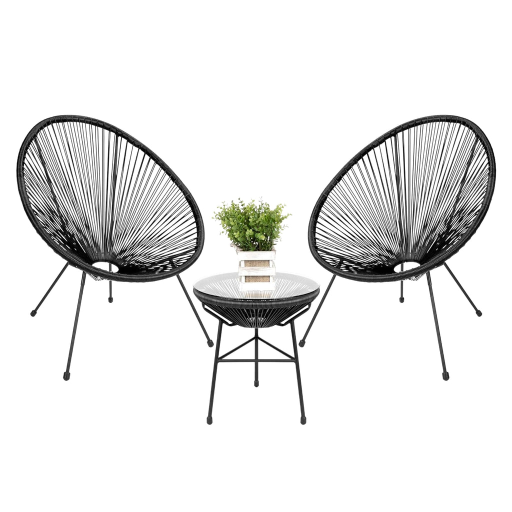 Set de 2 sillas Acapulco negras con mesa de centro de vidrio templado, BREEZEE