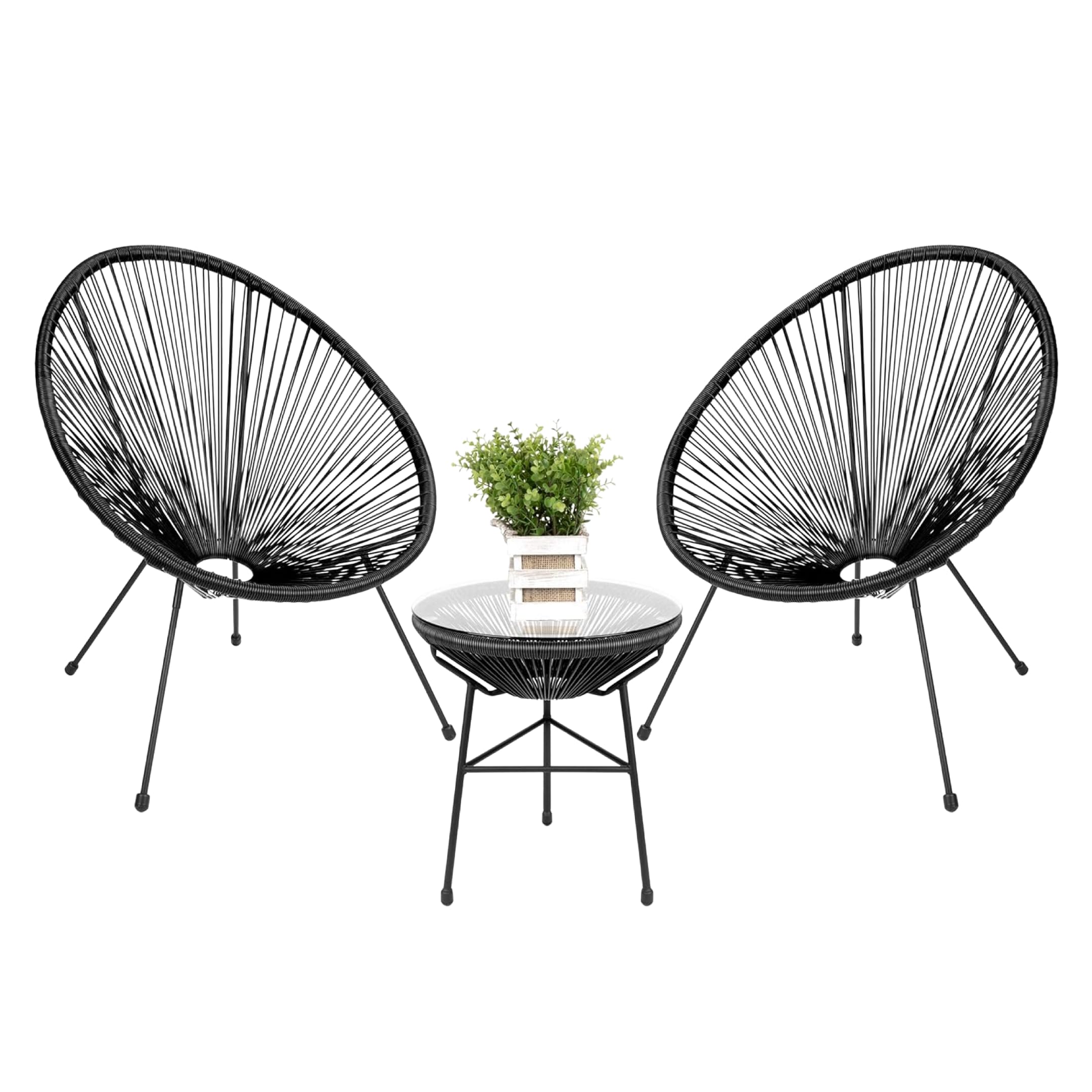 Set de 2 sillas Acapulco negras con mesa de centro de vidrio templado, BREEZEE
