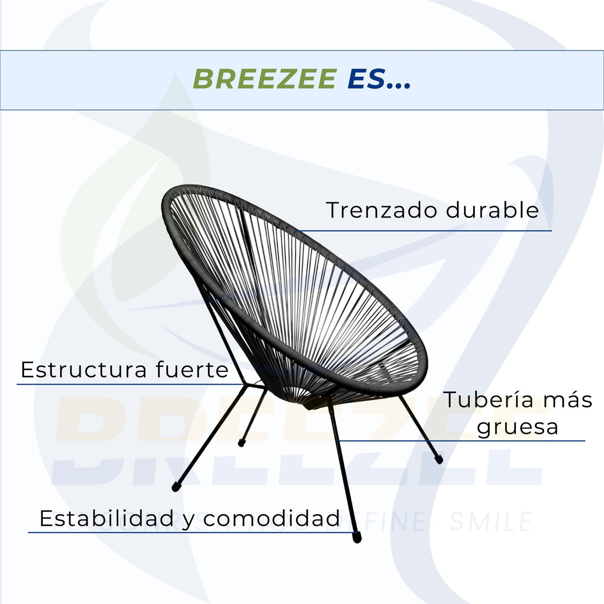 Detalles de la silla Acapulco BREEZEE: trenzado, estructura y tuberia mas gruesa