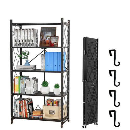 Anaquel plegable BREEZEE negro de 5 niveles con ruedas, plegado y 4 ganchos