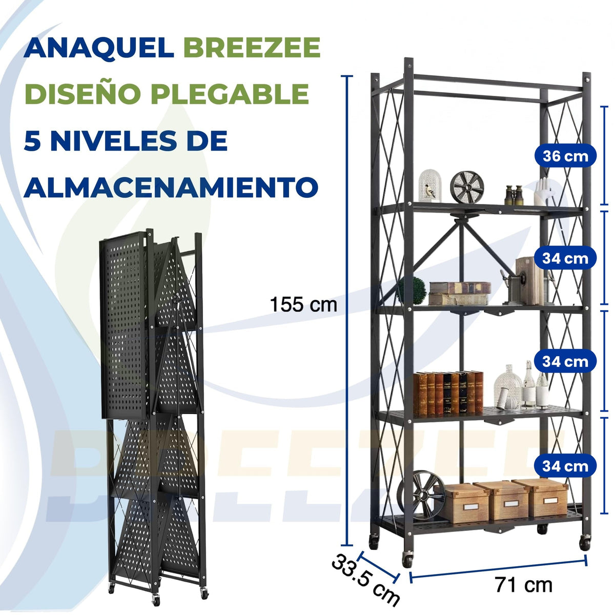 Medidas del anaquel plegable negro: 155 x 71 x 33.5 cm, 36 y 34 cm entre niveles