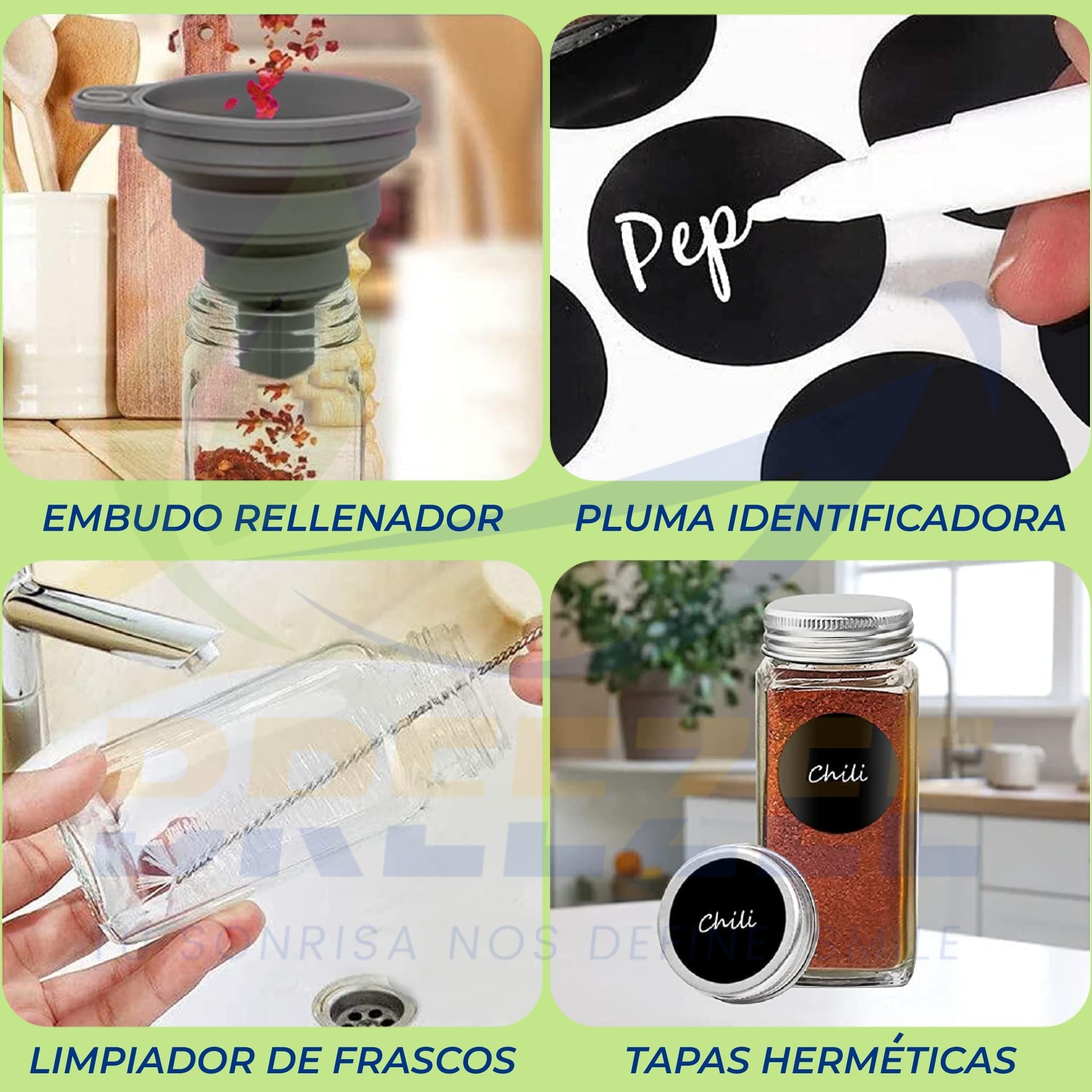 Accesorios: embudo, pluma, limpiador y tapas herméticas
