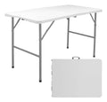 Mesa plegable BREEZEE blanca, desplegada y plegada en forma de portafolio