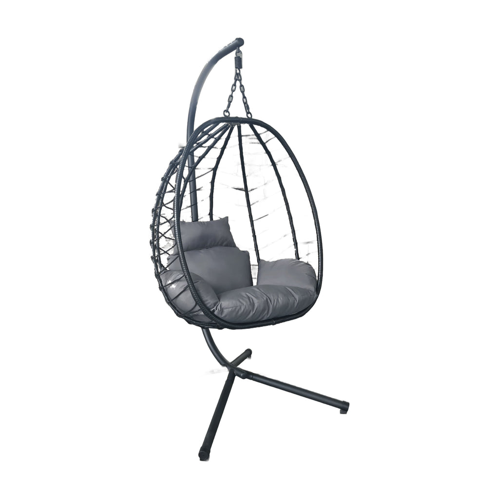 Silla colgante tipo huevo BREEZEE con soporte de piso, ratán negro y cojín gris