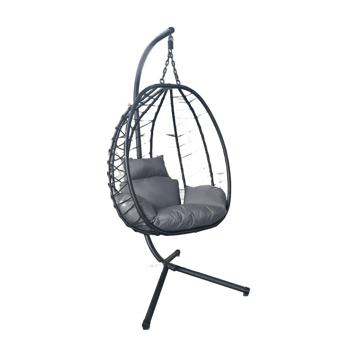 Silla colgante tipo huevo BREEZEE con soporte de piso, ratán negro y cojín gris