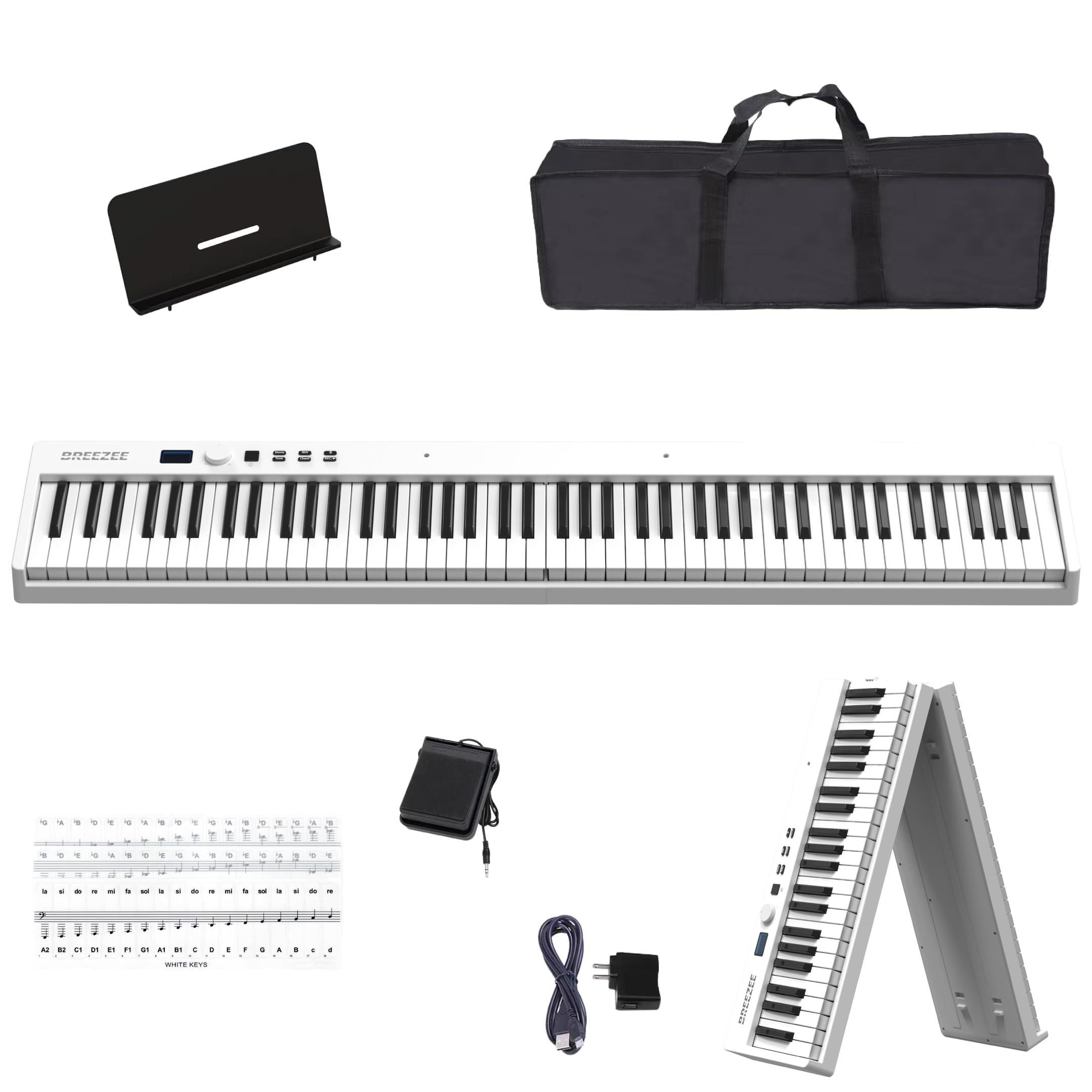 Teclado piano plegable BREEZEE de 88 teclas en blanco, con funda de transporte, atril, pedal, adaptador y hoja de stickers para las notas