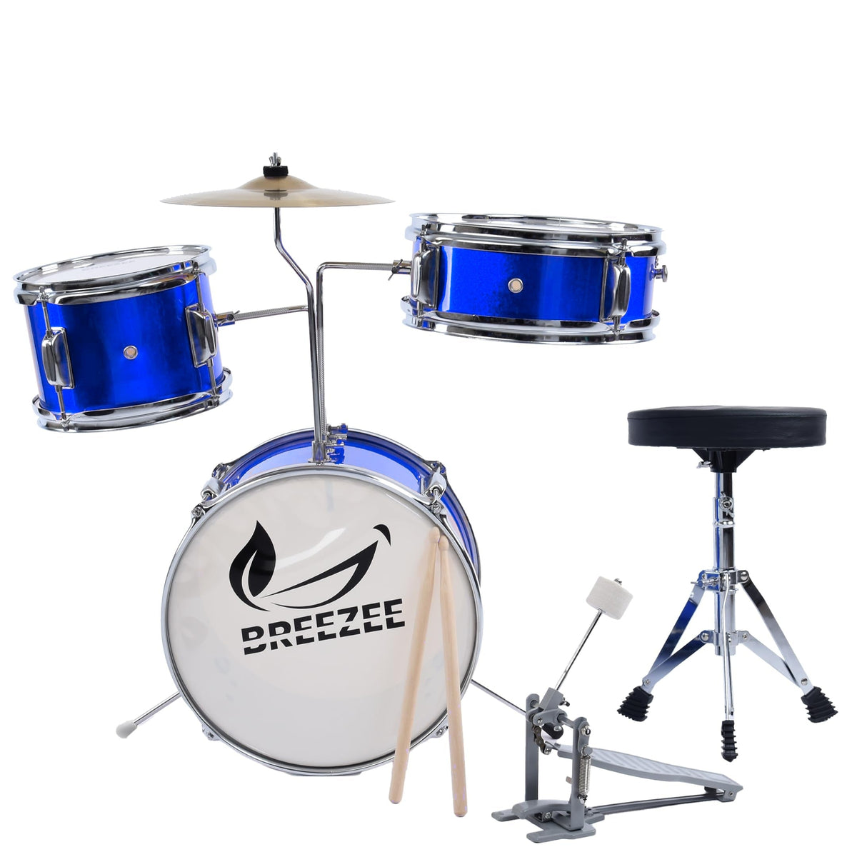 Batería infantil BREEZEE azul con platillo, pedal, banco y 2 baquetas