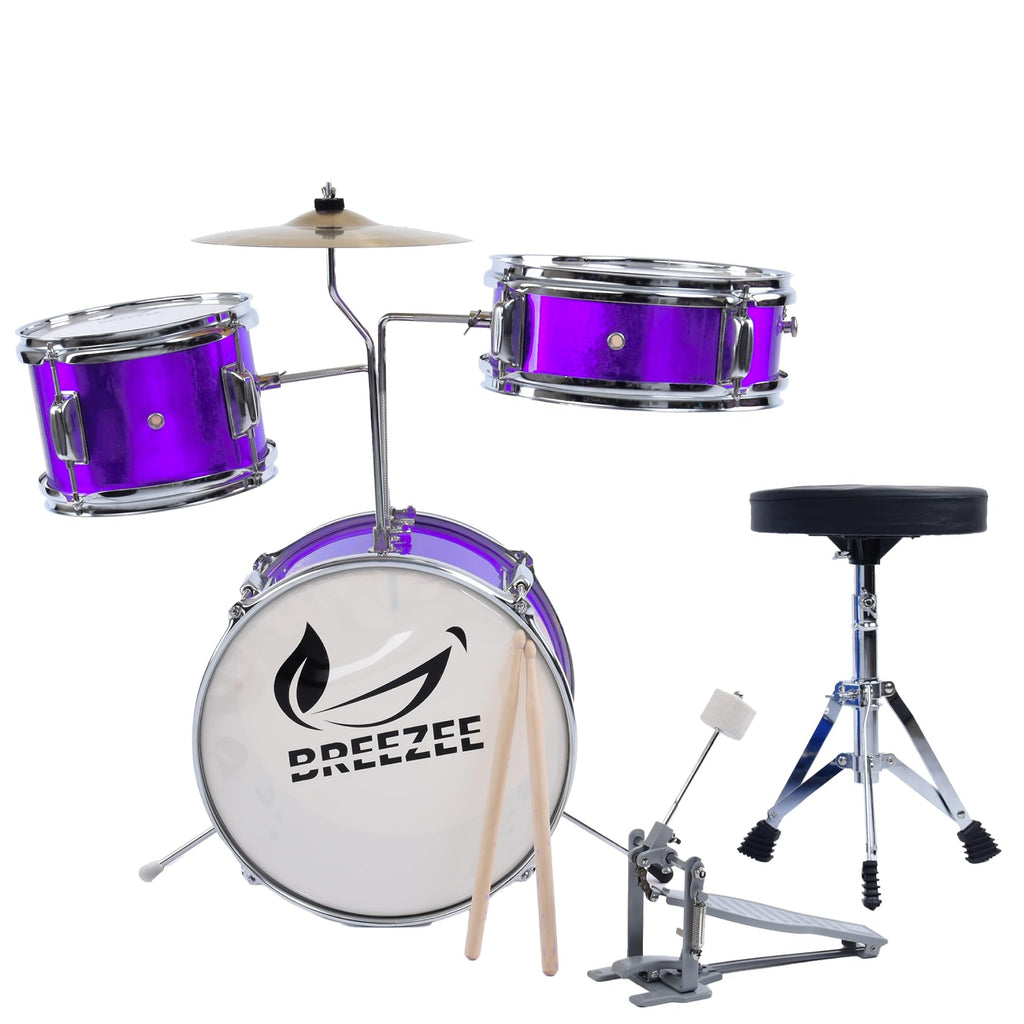 Batería infantil BREEZEE morada con platillo, pedal, banco y 2 baquetas