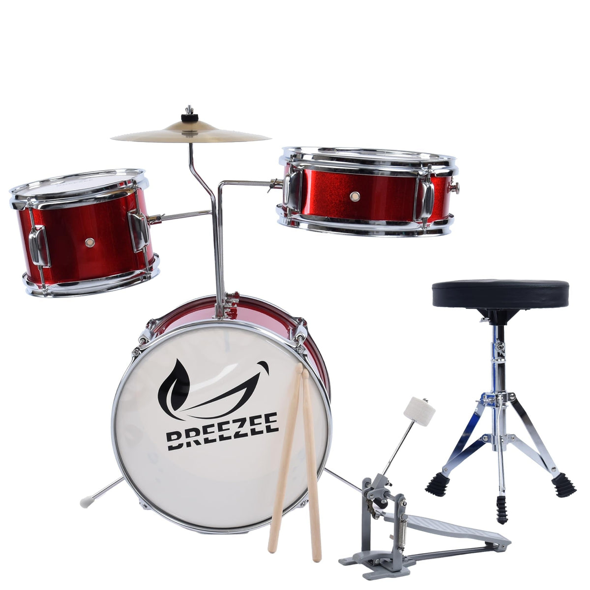 Batería infantil BREEZEE roja con platillo, pedal, banco y 2 baquetas