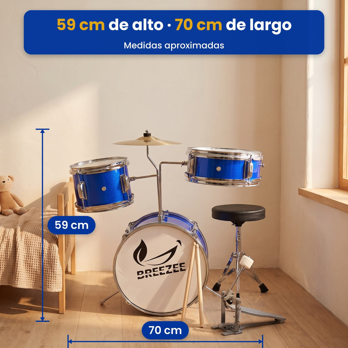 Medidas de la batería infantil armada: 59 cm de alto por 70 cm de largo