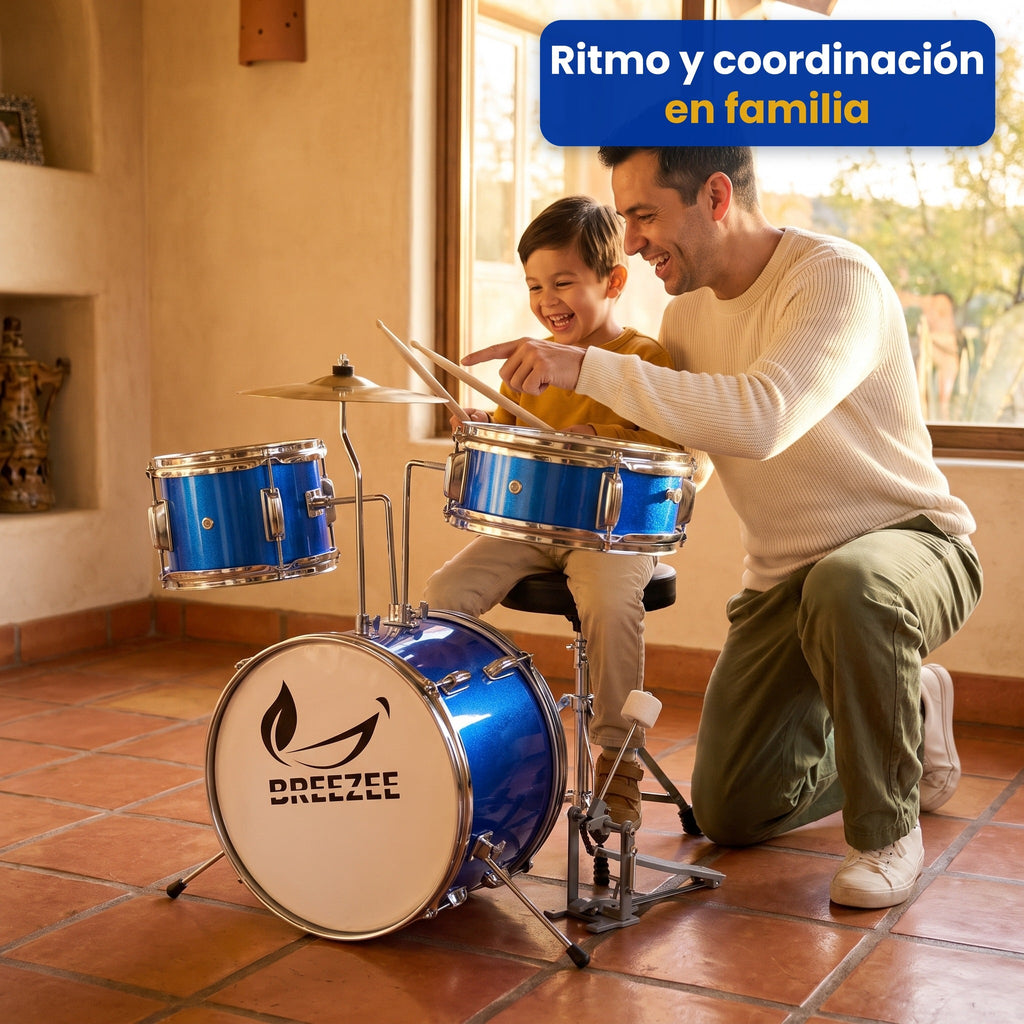 Papá e hijo tocando juntos la batería infantil BREEZEE