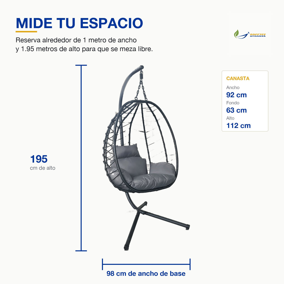 Medidas: 195 cm de alto, 98 cm de base, canasta de 92 x 63 x 112 cm