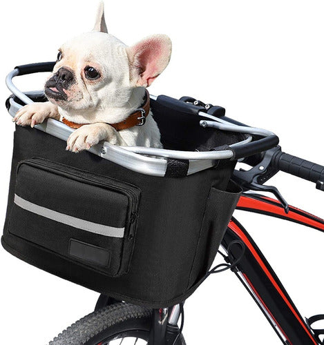 Bulldog francés asomado dentro de la canasta montada en la bicicleta
