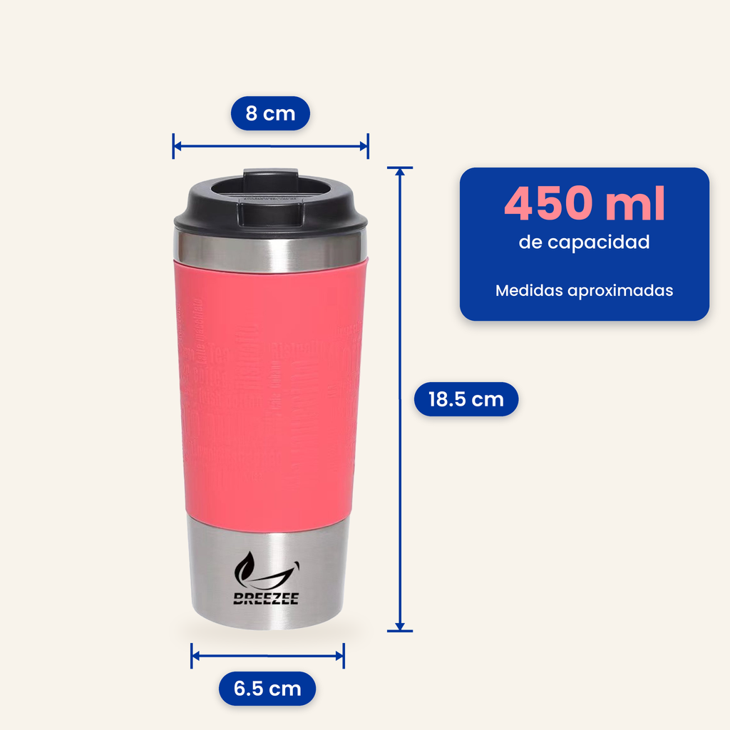 Medidas del termo coral: 18.5 cm de alto, 8 cm de boca, 6.5 cm de base y 450 ml
