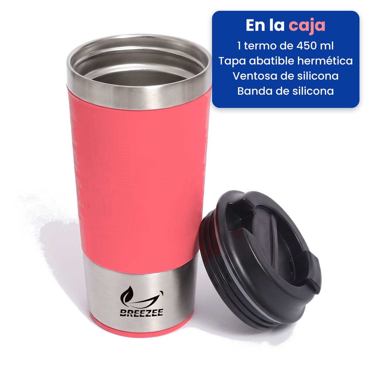 Contenido de la caja: 1 termo coral con tapa, ventosa y banda de silicona