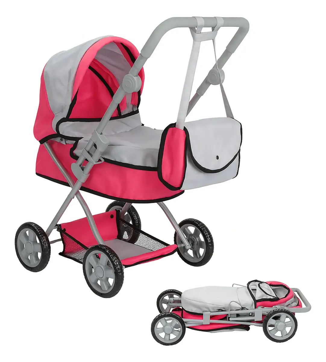 Carriola De Juguete Muñecas Para Niñas Incluye Bolso Premium Fucsia Y Gris — BREEZEE