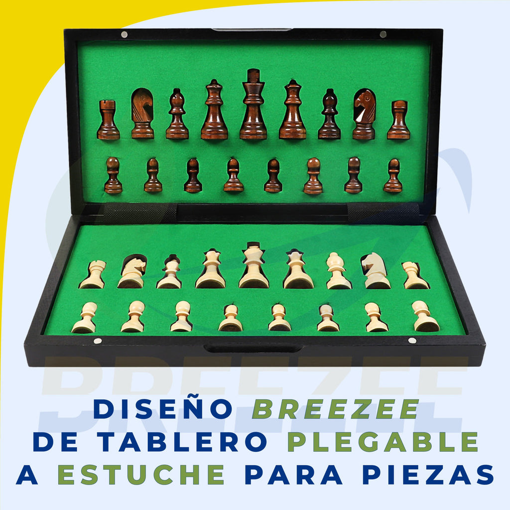 Ajedrez de madera magnético plegable BREEZEE con estuche para piezas, color nogal