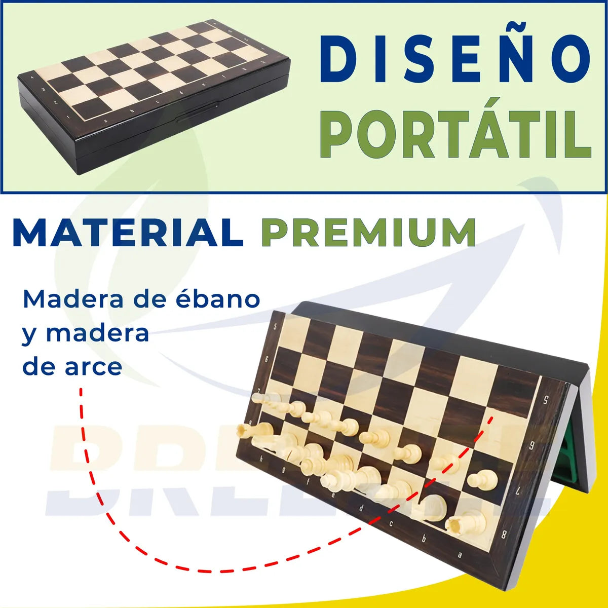Ajedrez de madera magnético plegable BREEZEE con estuche para piezas, color madera