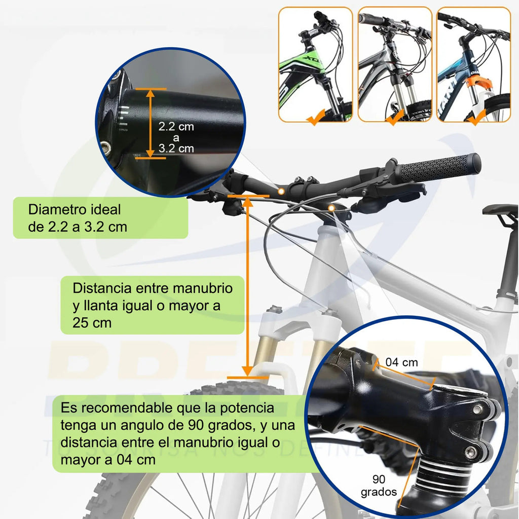 Compatibilidad: manubrio de 2.2 a 3.2 cm y 25 cm o más hasta la llanta