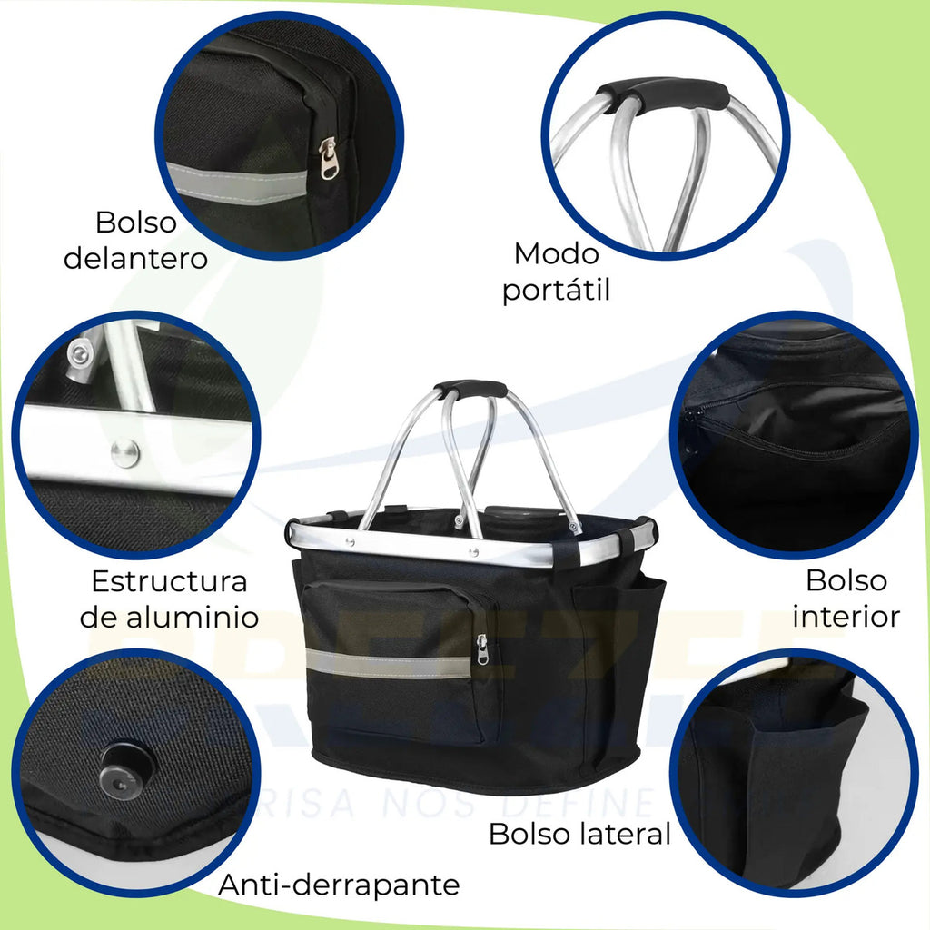 Detalles: bolso delantero, bolso lateral, estructura de aluminio y base antiderrapante