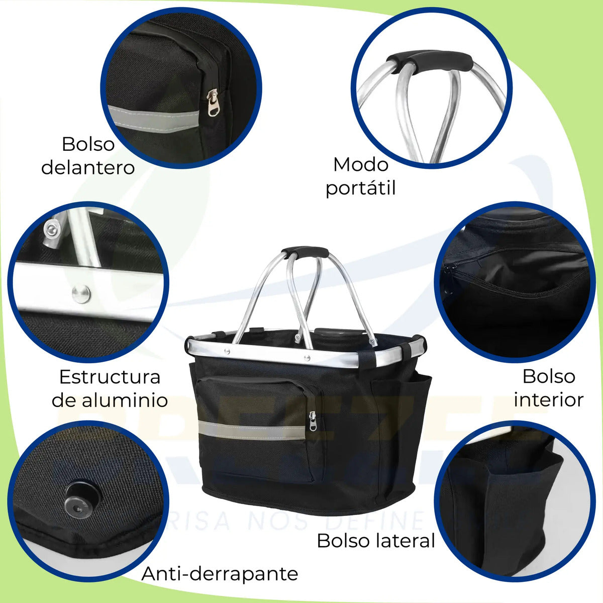 Detalles: bolso delantero, bolso lateral, estructura de aluminio y base antiderrapante