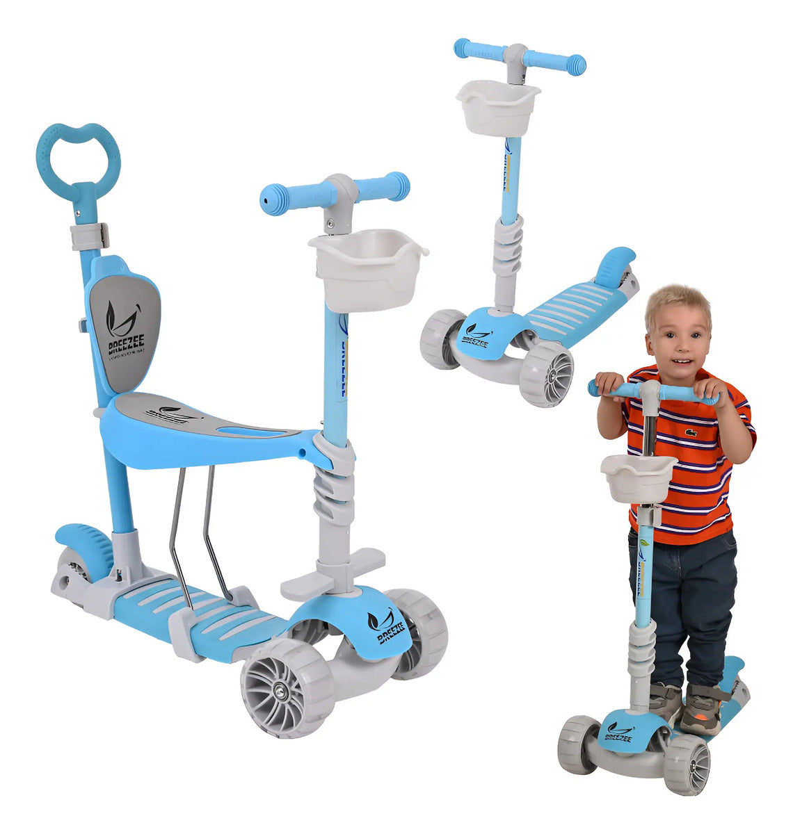 Scooter Infantil de 3 Ruedas LED con Asiento y Agarradera — BREEZEE