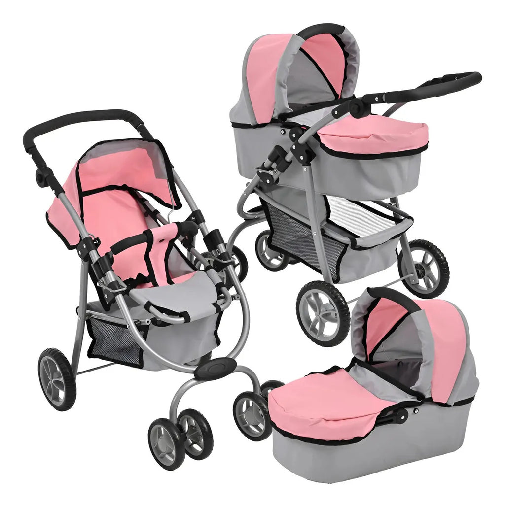 Carriola De Juguete Muñecas 3 En 1 Cuna Carrito Canasta Rosa Y Gris — BREEZEE