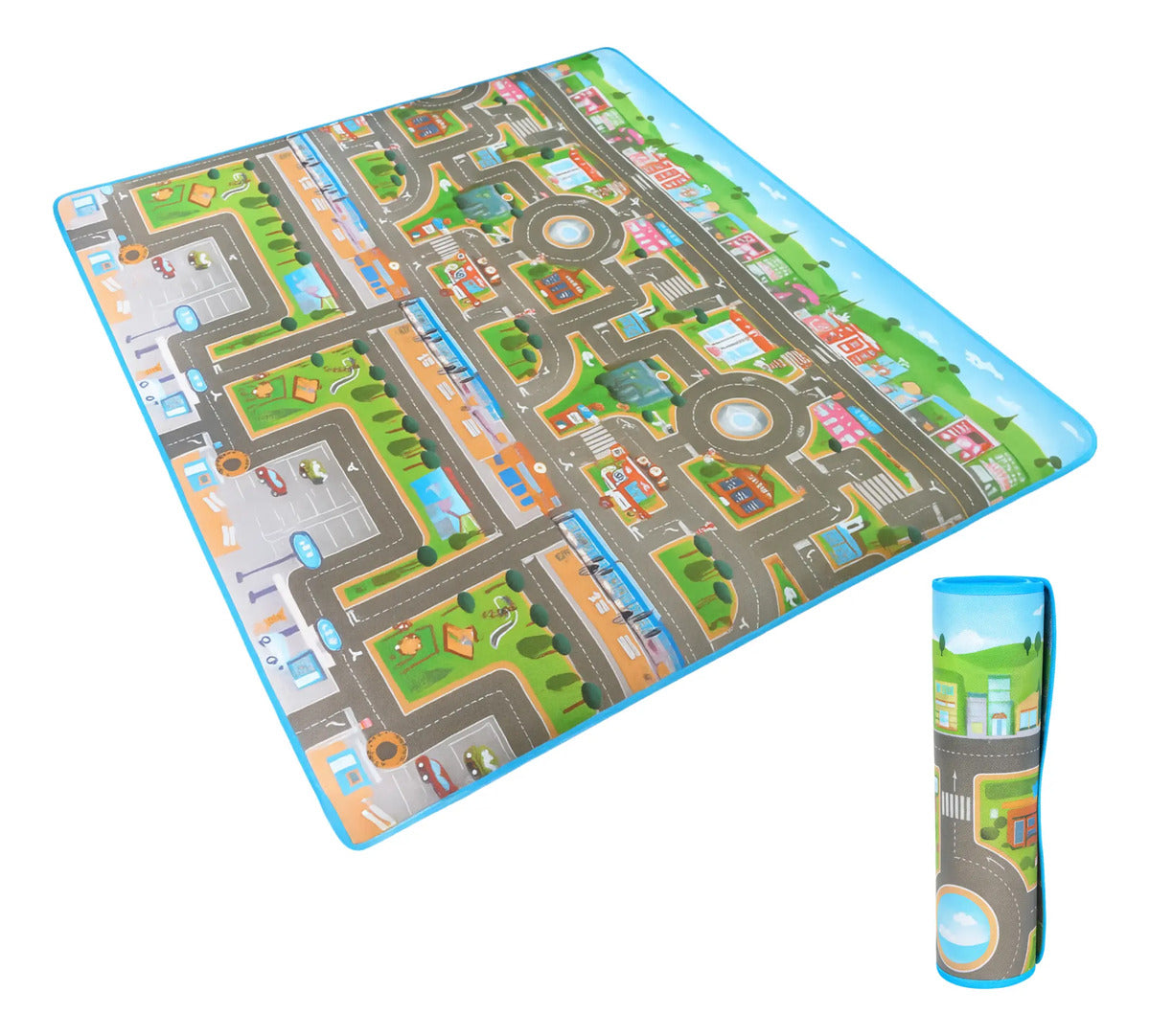 Tapete infantil BREEZEE de ciudad 200 x 180 cm extendido, junto al tapete enrollado