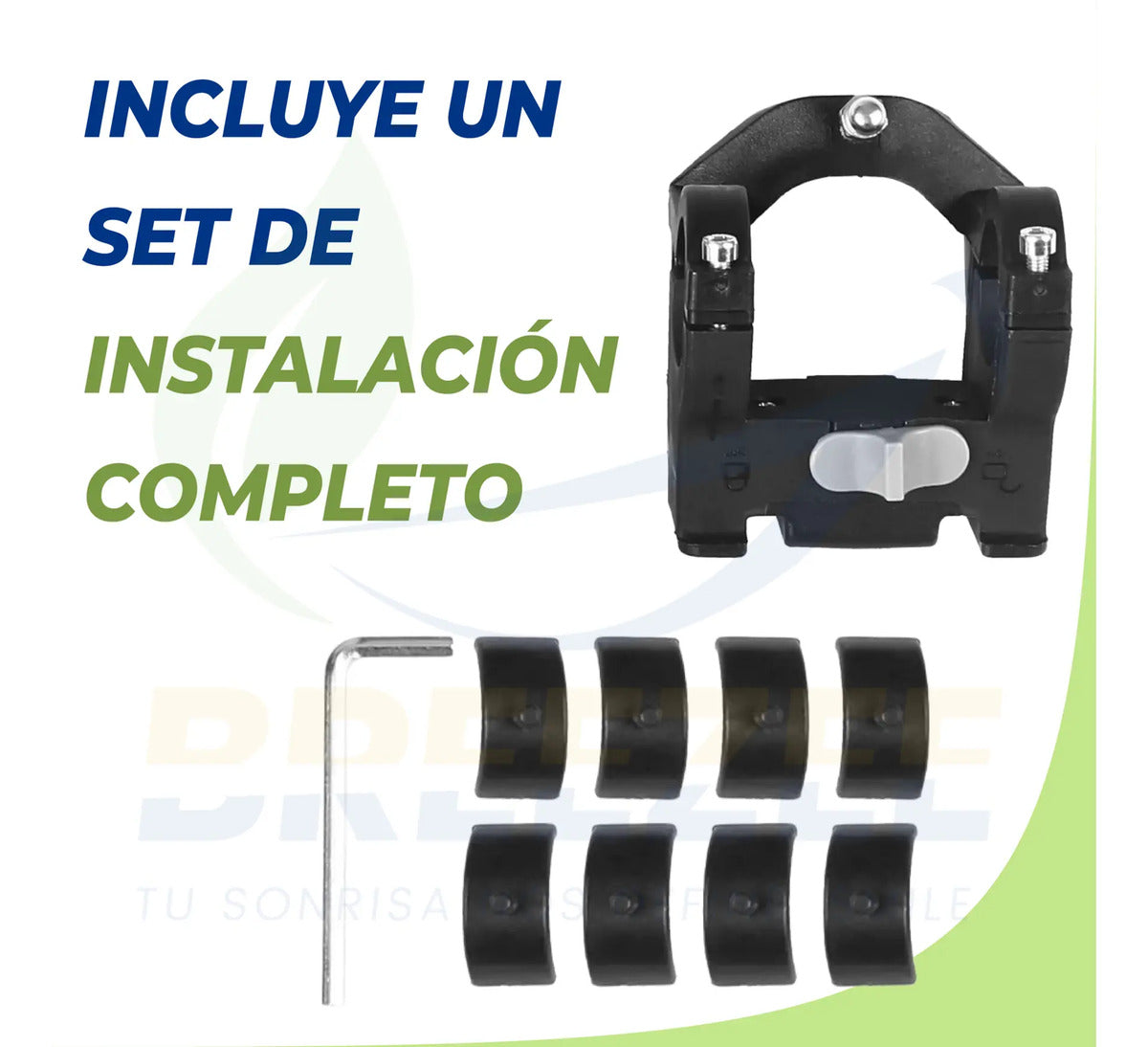 Set de instalación completo: soporte, llave y 8 adaptadores de goma