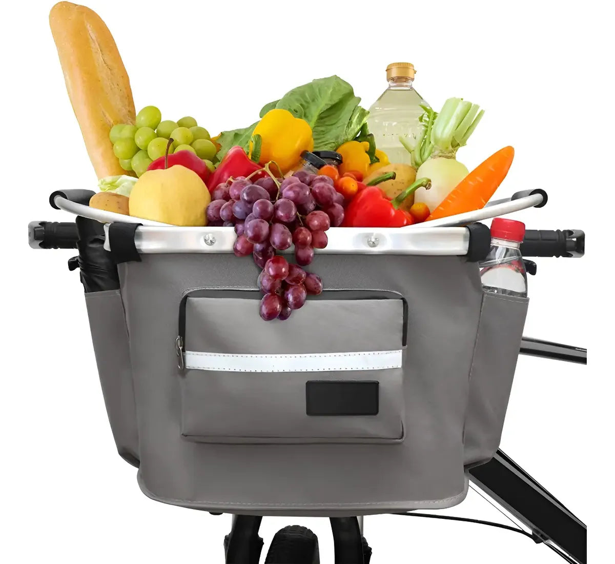 Canasta gris llena de fruta y pan montada al frente de la bicicleta