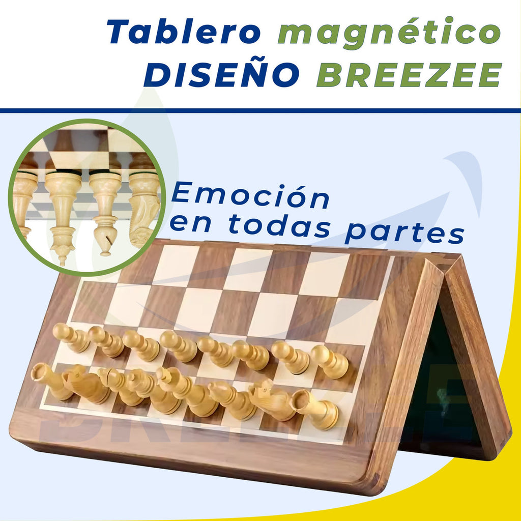 Ajedrez de madera magnético plegable BREEZEE con estuche para piezas, color madera