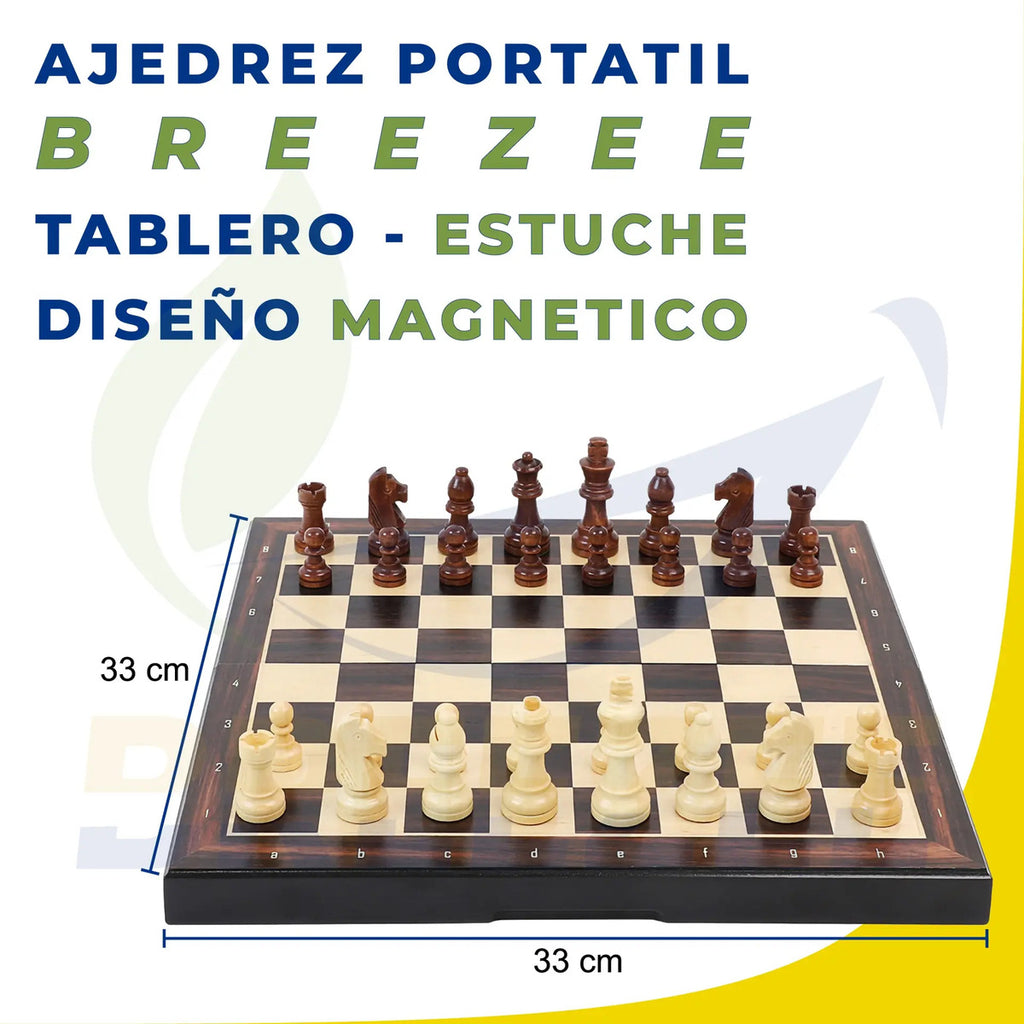 Ajedrez de madera magnético plegable BREEZEE con estuche para piezas, color negro