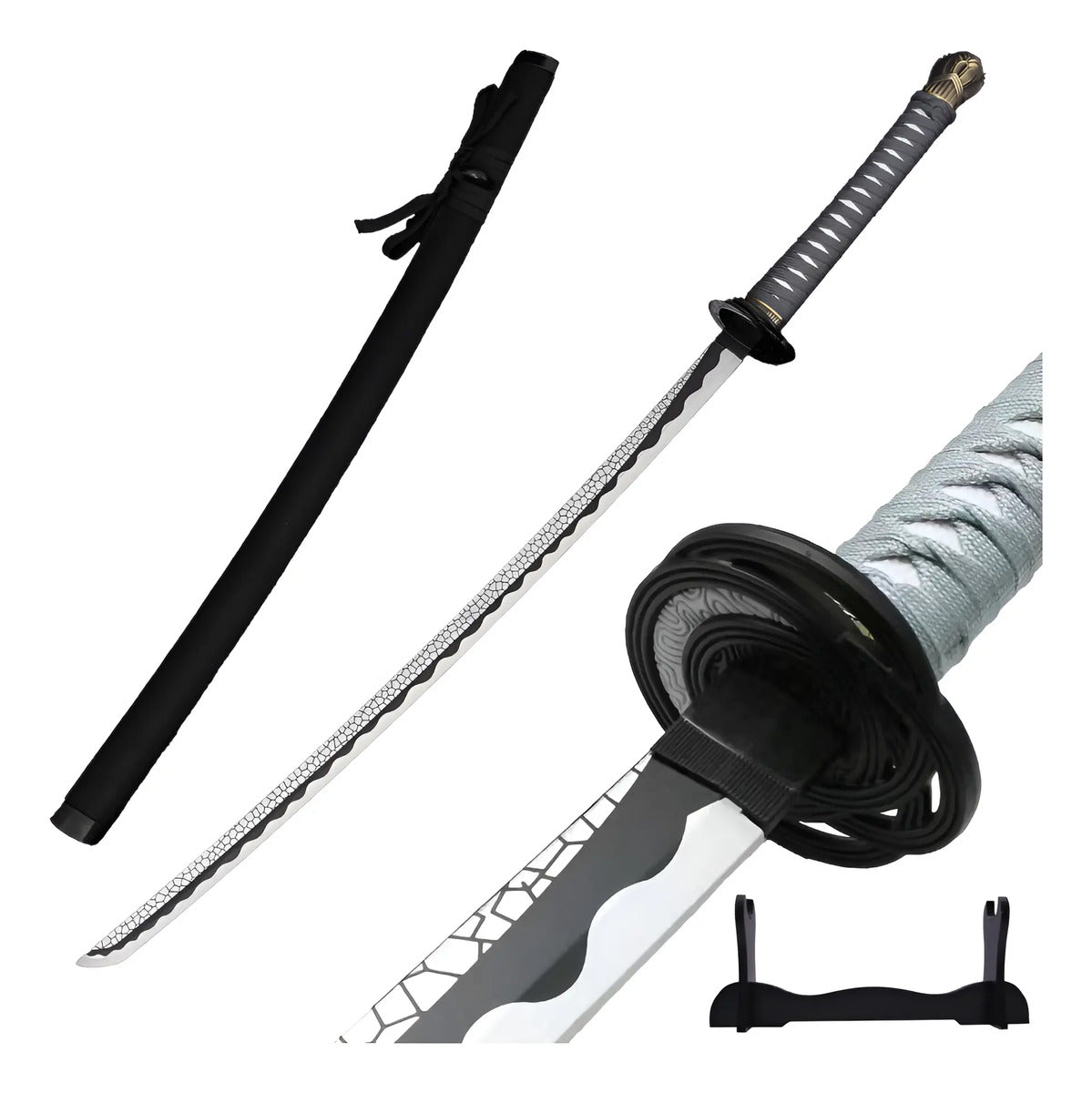 Katana decorativa BREEZEE de 76 cm con funda negra y soporte de mesa incluido