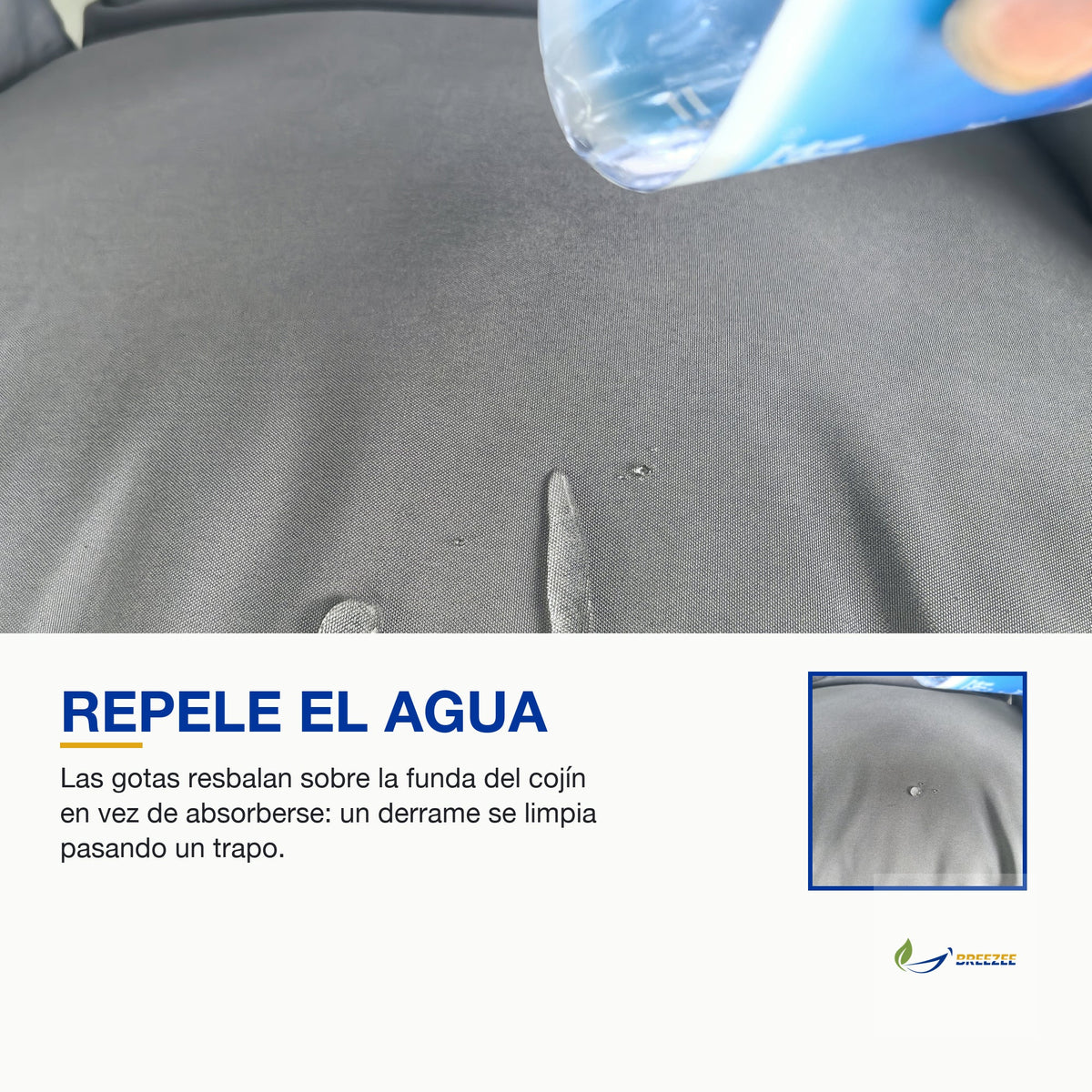 La funda del cojín repele el agua: las gotas resbalan sin absorberse
