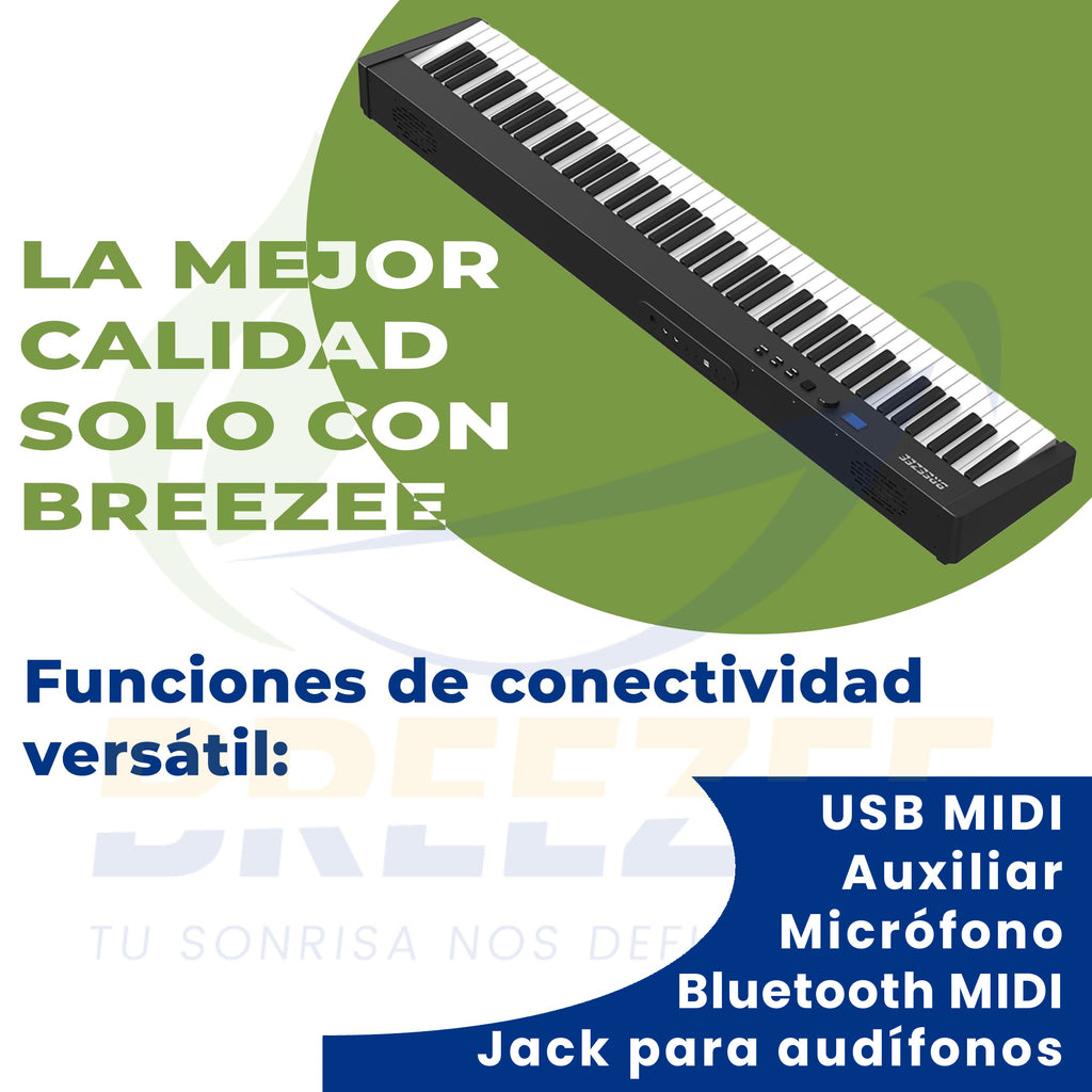 Piano digital 88 teclas BREEZEE conectividad USB MIDI, auxiliar, micrófono, Bluetooth MIDI y audífonos