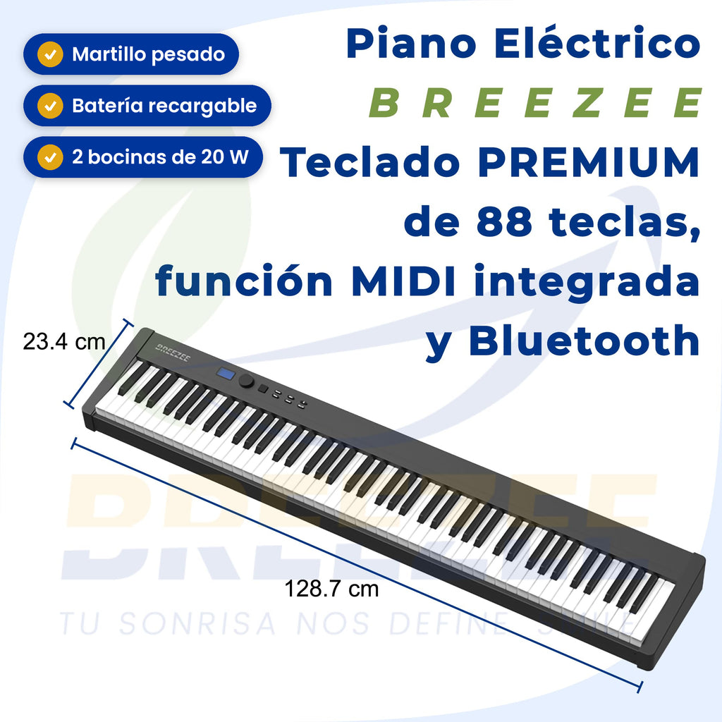 Piano digital 88 teclas BREEZEE martillo pesado, batería recargable y 2 bocinas de 20 W