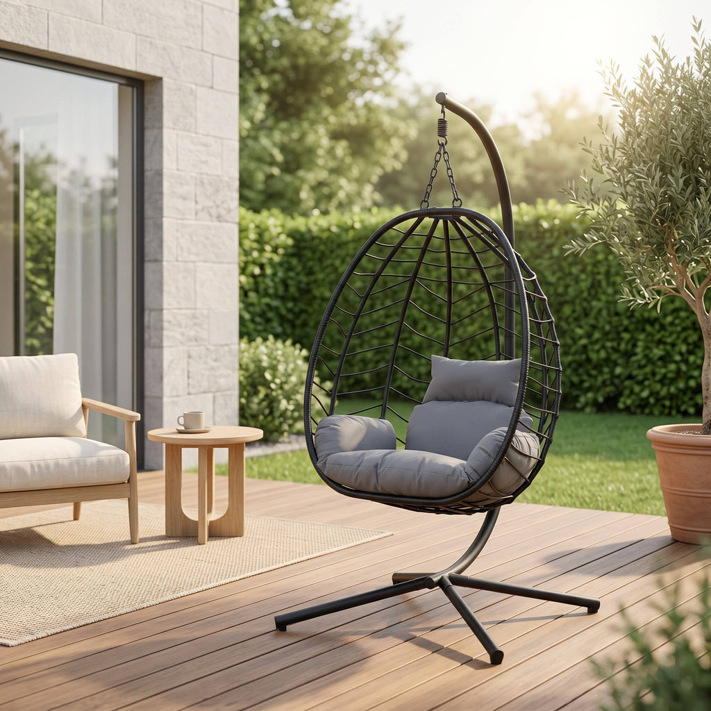 Silla colgante en una terraza de madera junto a un sillón