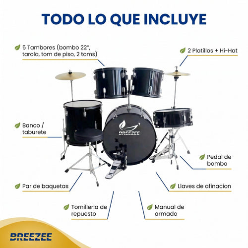 Todo lo que incluye la batería BREEZEE: 5 tambores, 2 platillos, hi-hat, banco, pedal, baquetas, llaves y manual