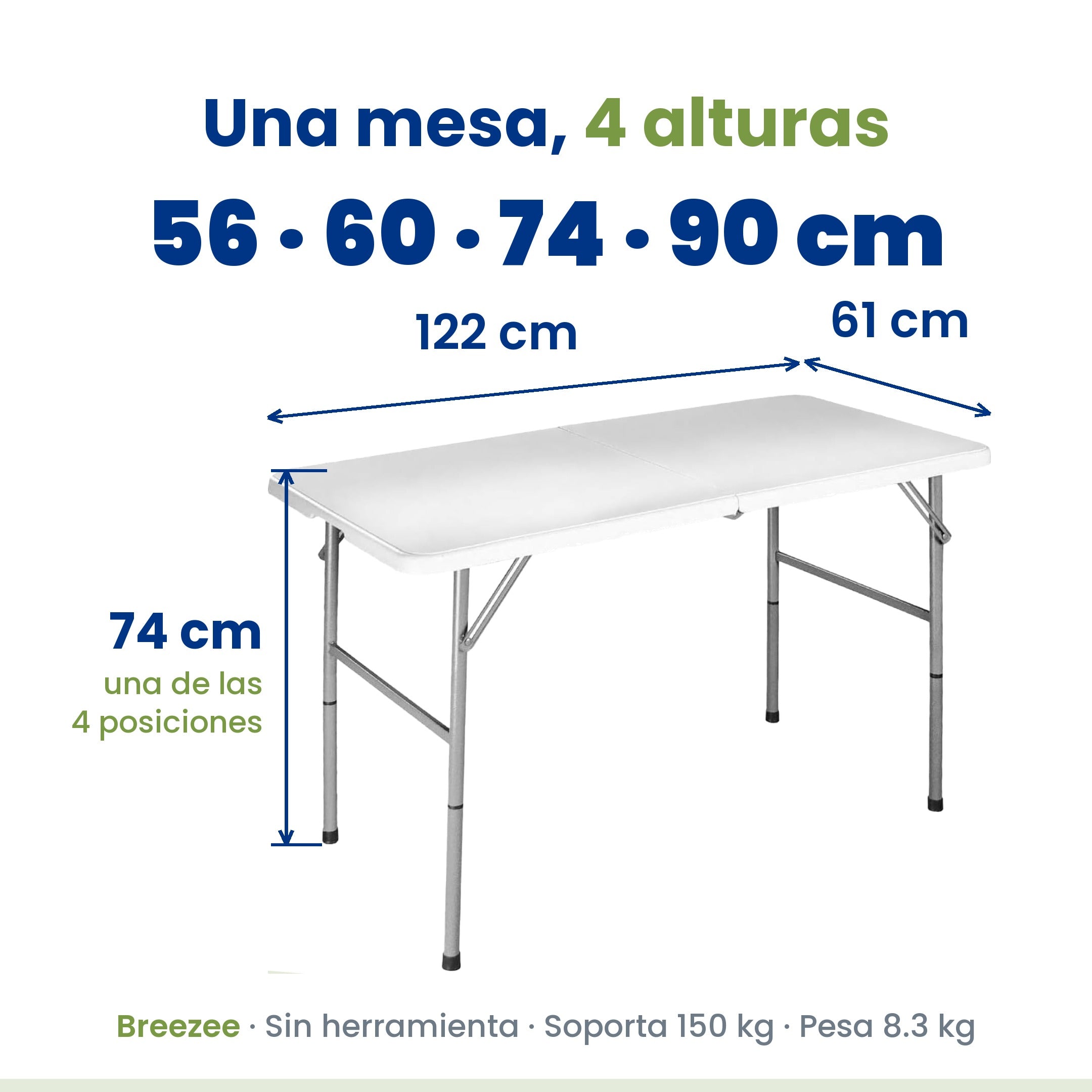Mesa plegable BREEZEE: 122 x 61 cm y altura ajustable en 4 posiciones (56, 60, 74 y 90 cm)