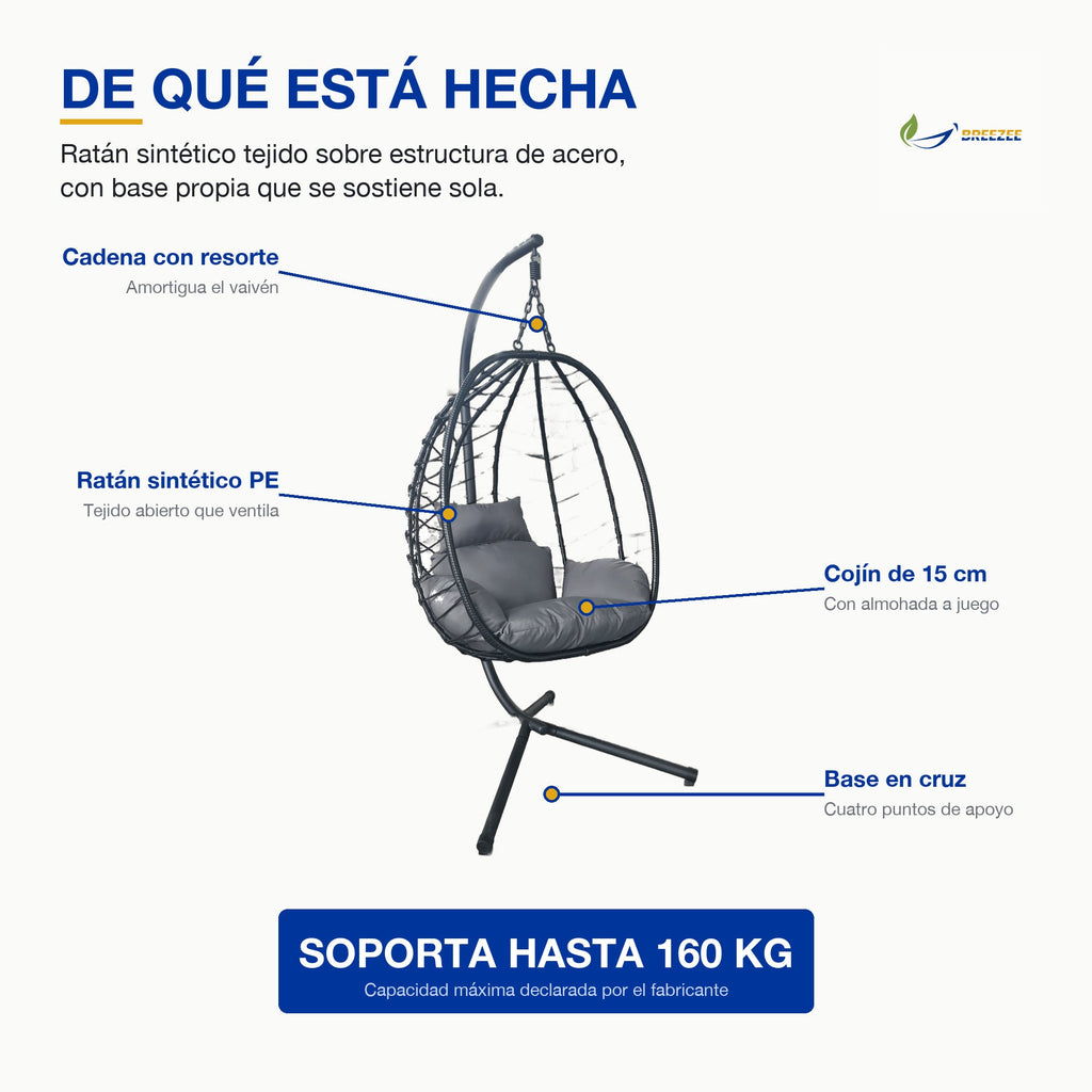 Estructura de acero y ratán sintético, soporta hasta 160 kg