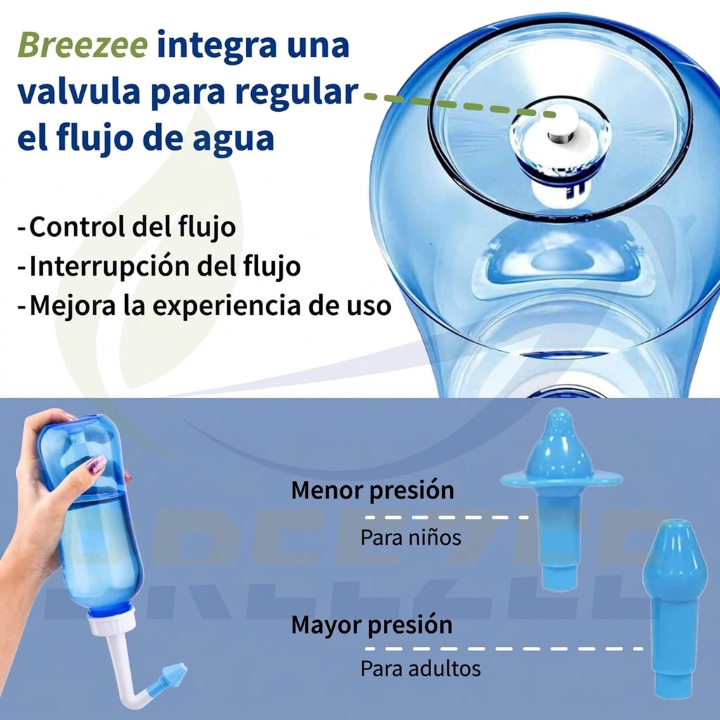 Válvula superior que regula el flujo de agua: menor presión para niños y mayor presión para adultos