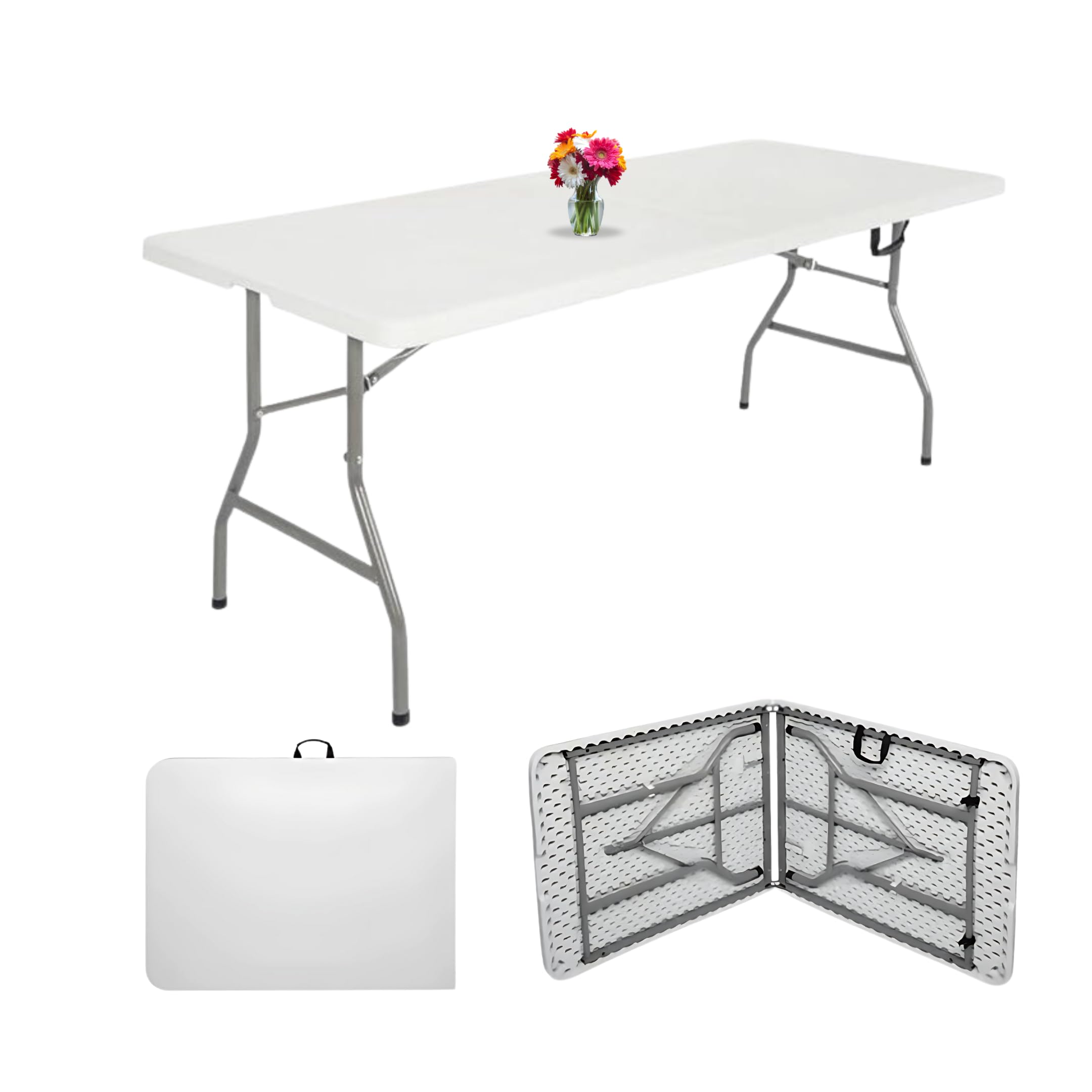 Mesa plegable Breezee 240 cm blanca resistente con vista plegada tipo maletin portatil