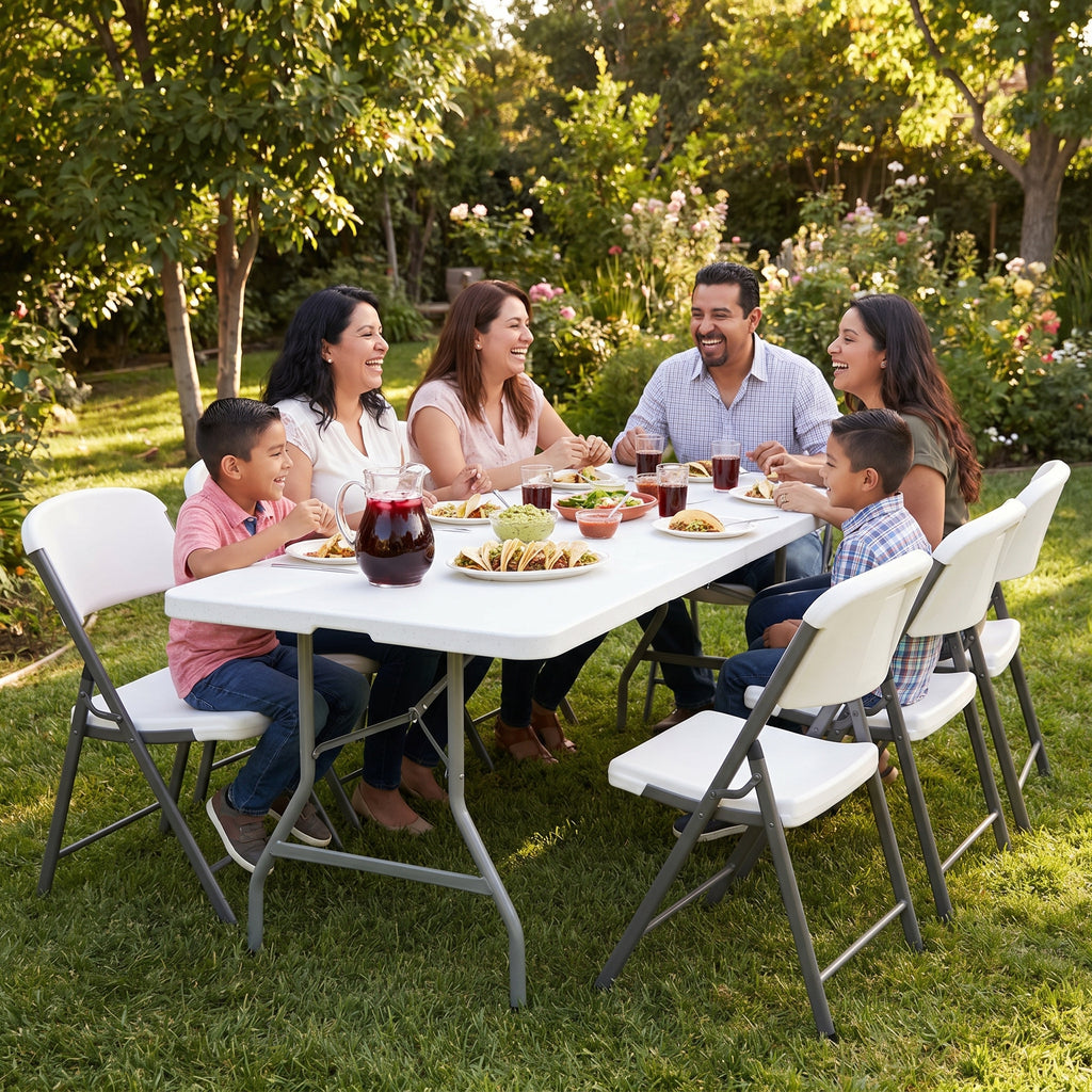 Familia disfrutando comida en mesa plegable Breezee 240 cm en jardin con sillas plegables